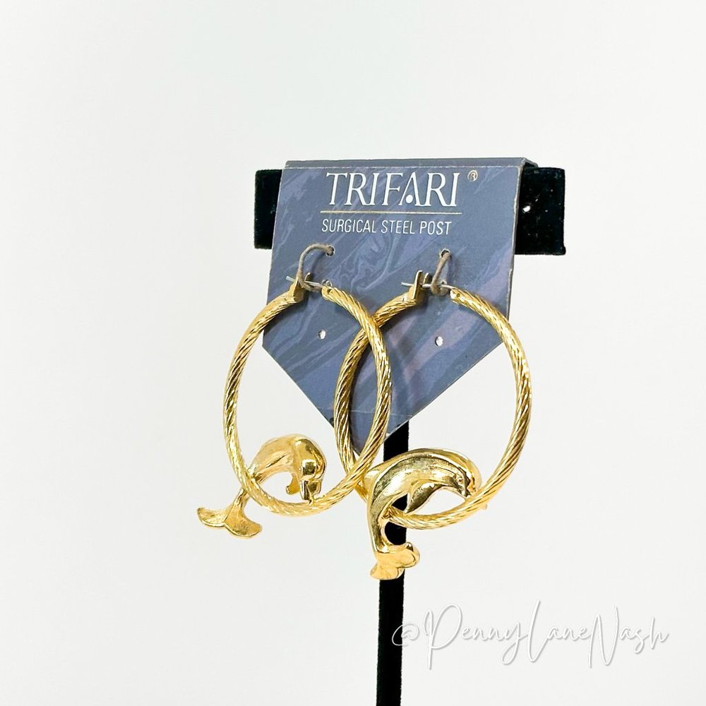 Trifari Gold Rope with Dolphins Hoop Earrings - Picture 9 of 9